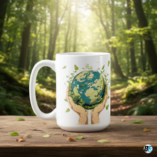 Two Hands Holding The Earth Covered In Greenery Coffee Mug