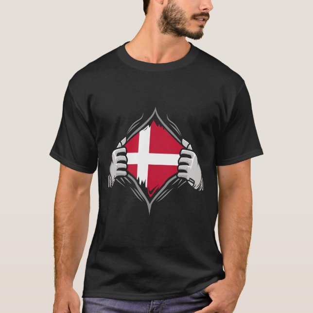 Two Hands Ripping Revealing Flag of Denmark   T-Shirt (Front)