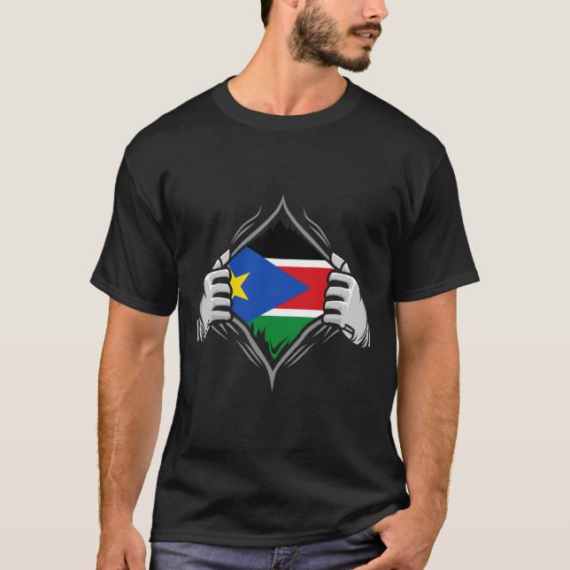 Two Hands Ripping Revealing Flag of South Sudan T-Shirt (Front)