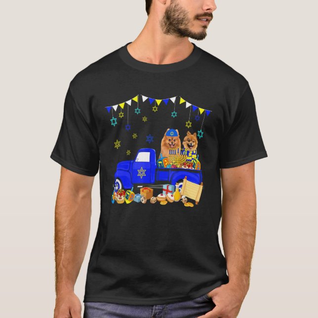 Two Hanukkah Pomeranians On Pickup Truck With Meno T-Shirt (Front)