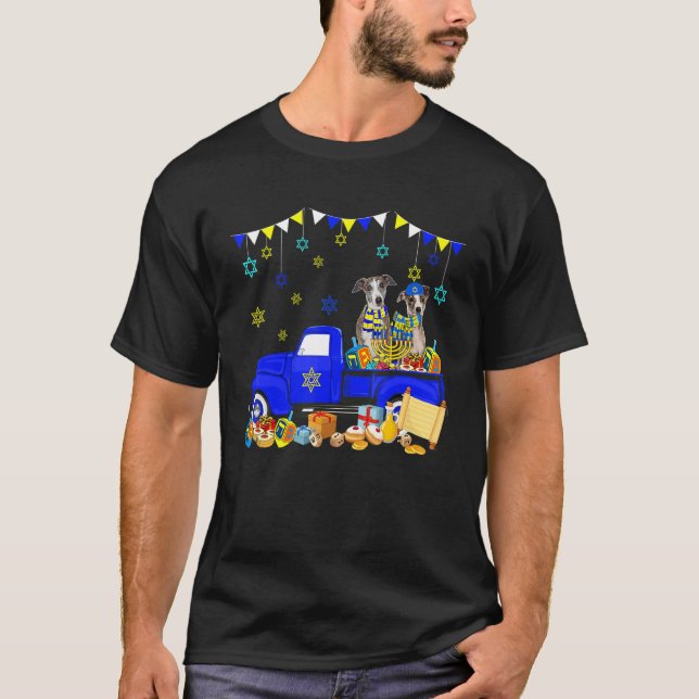 Two Hanukkah Whippets On Pickup Truck With Menorah T-Shirt (Front)