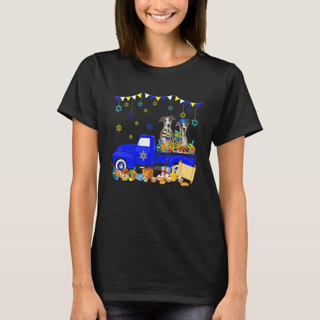 Two Hanukkah Whippets On Pickup Truck With Menorah T-Shirt (Front)