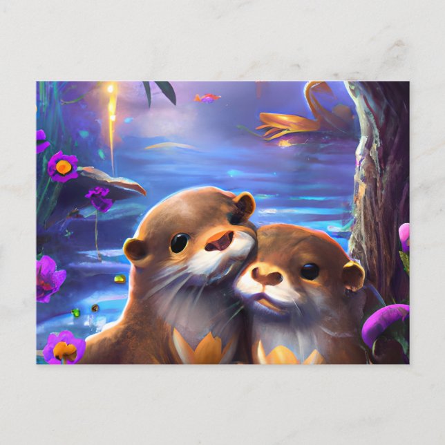 Two Happy Baby Otters Hugging in Glowing Blue Wate Postcard (Front)