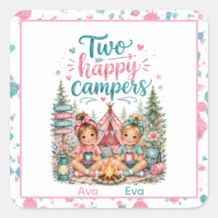 Two Happy Campers Twin Girls' Birthday Party Square Sticker