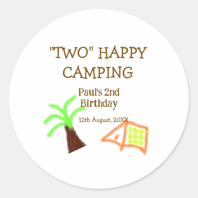 Two happy camping 2nd birthday tree camp kids classic round sticker (Front)