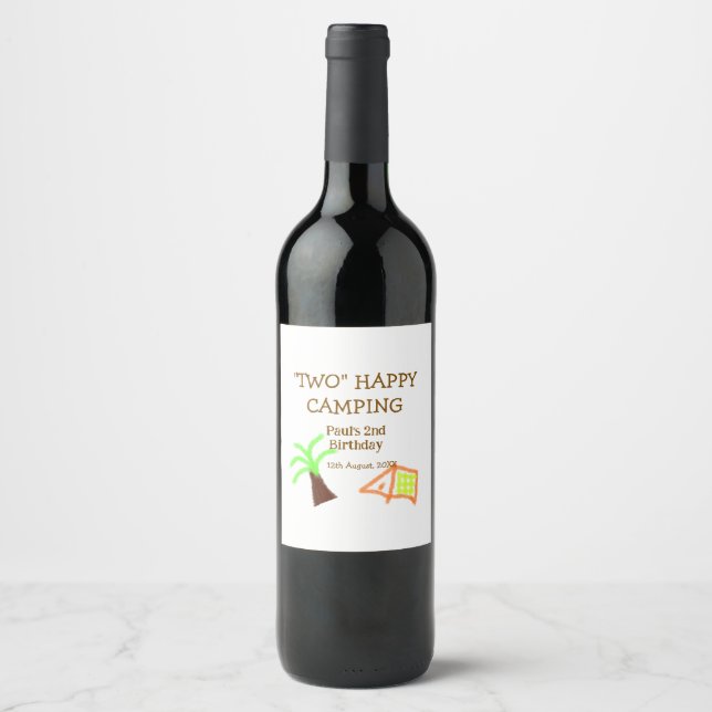 Two happy camping 2nd birthday tree camp kids wine label (Front)