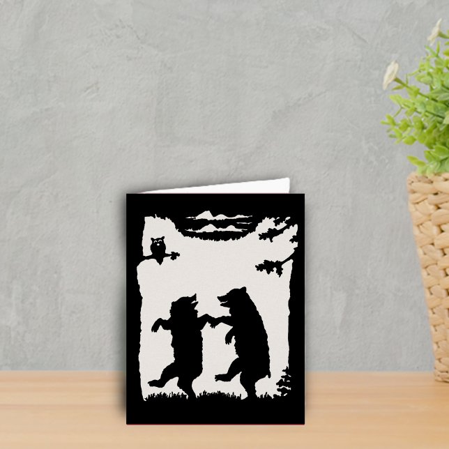 Two Happy Dancing Bears Owl Trees Black Silhouette (Black silhouette on white two dancing bears in woods owl in tree on note card.)