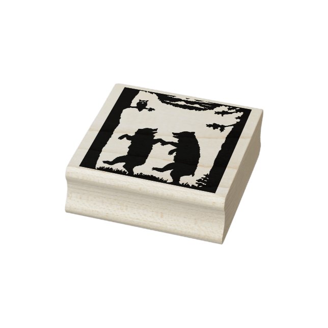 Two Happy Dancing Bears Under Trees Grass Owl Rubber Stamp (Stamp)