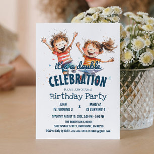 Two Happy Kids Double Birthday Party Invitation