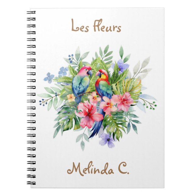 Two Happy Macaws with Tropical Flowers Notebook (Front)
