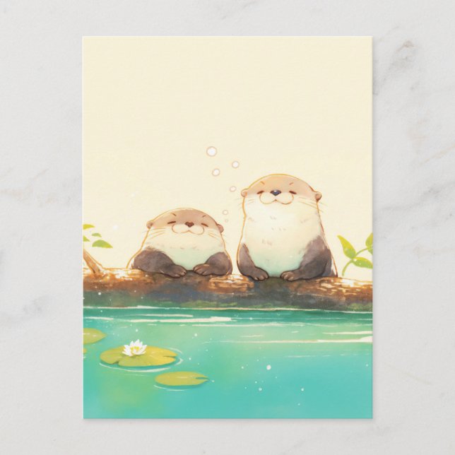Two Happy Otters on Summer Log Postcard (Front)
