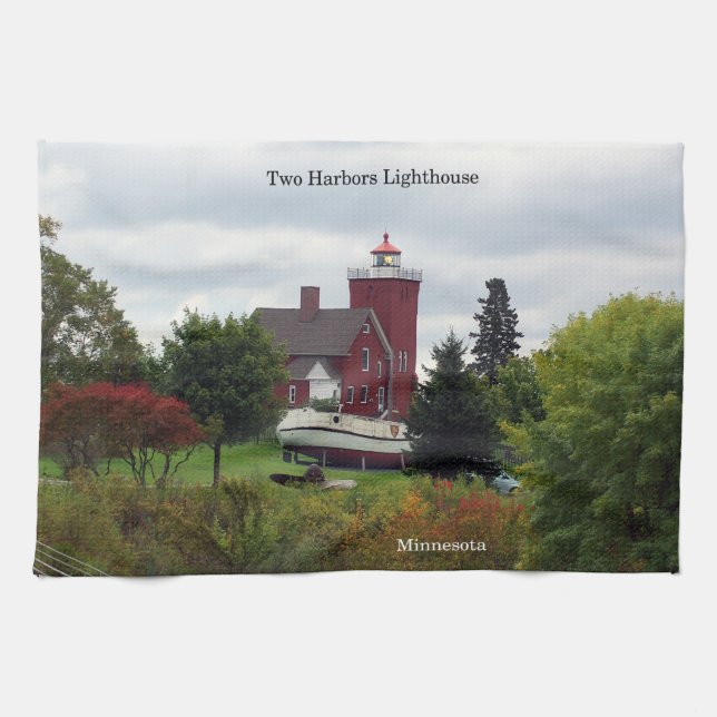 Two Harbours Lighthouse & Boat kitchen towel (Horizontal)