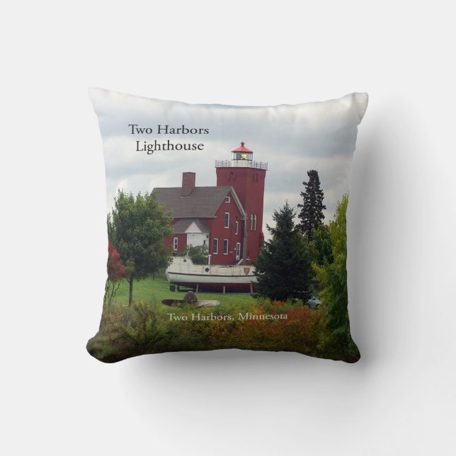 Two Harbours Lighthouse & boat square pillow (Front)