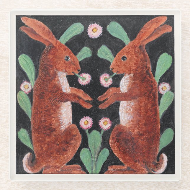 Two Hares by William Bell Scott Glass Coaster (Front)