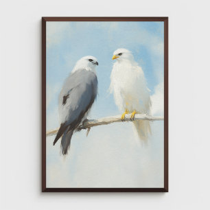 Two Hawks Perched on a Branch Against a Clear Sky Poster