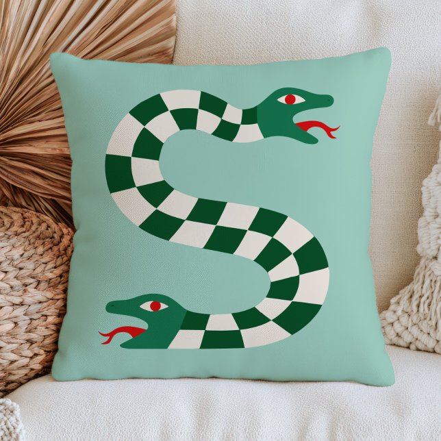 Two-Headed Snake in Green Chequered Pattern Funky Cushion (Creator Uploaded)