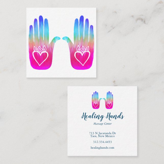 Two Healing Hands Heart Hamsa Colourful Customised Square Business Card (Front/Back)