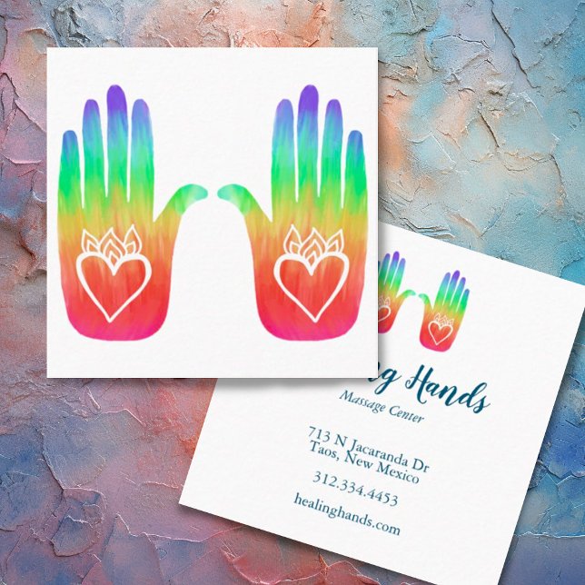 Two Healing Hands Hearts Hamsa Rainbow Customised Square Business Card (Rainbow hands custom business cards for healers and massage therapists. )