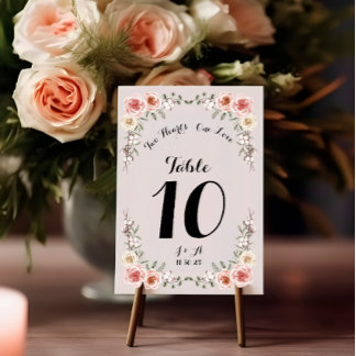 Two Heart One Love Vintage Pink Roses Wedding Table Number