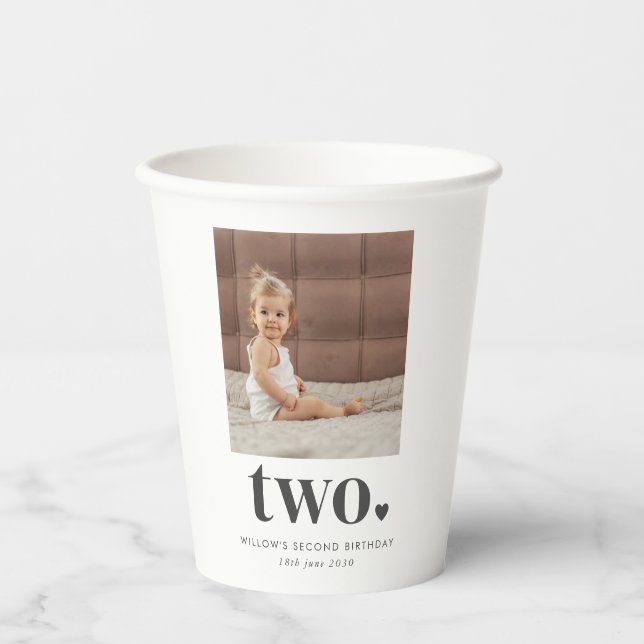 Two Heart Square Photo 2nd Birthday Welcome Sign Paper Cups (Front)