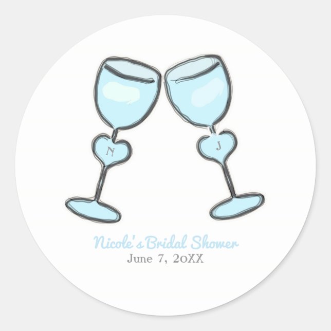 Two Heart Wine Glasses Bridal Shower Engagement Classic Round Sticker (Front)