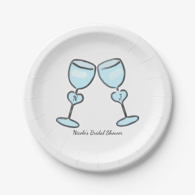 Two Heart Wine Glasses Bridal Shower Engagement Paper Plate (Front)