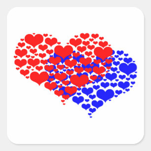 Two hearts blue and red square sticker