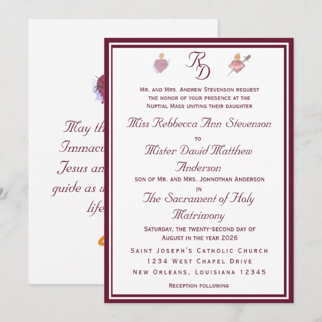 Two Hearts Burgundy Catholic Wedding Invitation (Front/Back)
