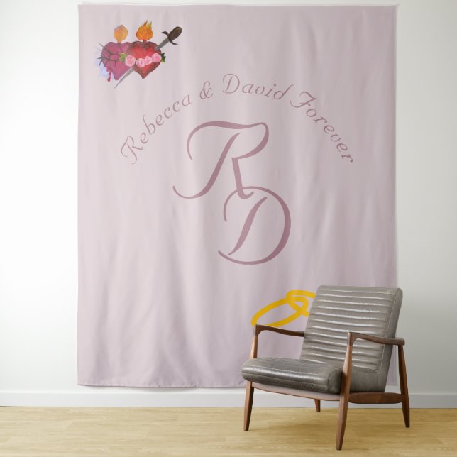  Two Hearts Catholic Monogrammed Wedding Tapestry (In Situ)