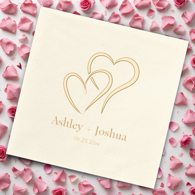 Two Hearts Custom Name and Date Wedding Foil Napkins (Creator Uploaded)