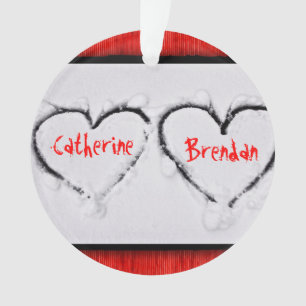 Two Hearts Fresh White Snow Red Corrugated Metal Ornament