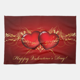 Two Hearts Happy Valentines Day Tea Towel