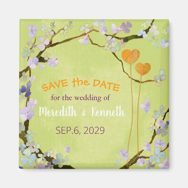 Two Hearts in Green Spring Wedding Save The Date Magnet (Front)