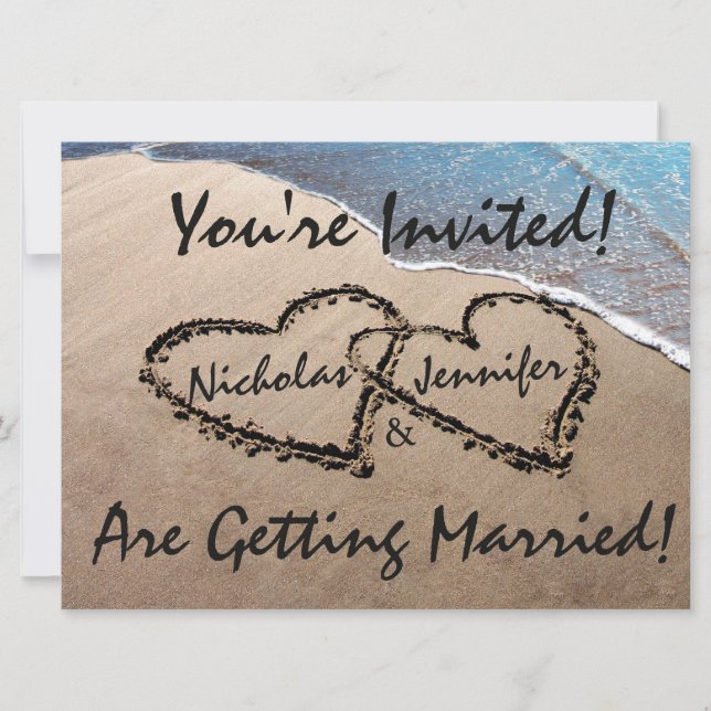 Two Hearts In The Sand Beach Wedding Invitation (Front)