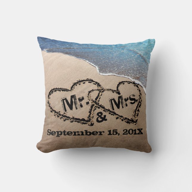 Two Hearts In The Sand Beach Wedding Pillow (Front)