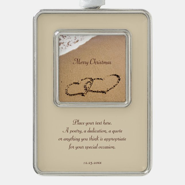 Two Hearts In The Sand Silver Plated Framed Ornament (Front)