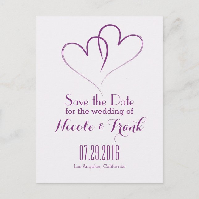 Two Hearts intertwined Save the Date -Purple Announcement Postcard (Front)