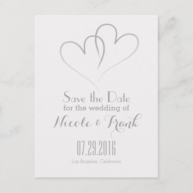 Two Hearts intertwined Save the Date -Silver Announcement Postcard (Front)
