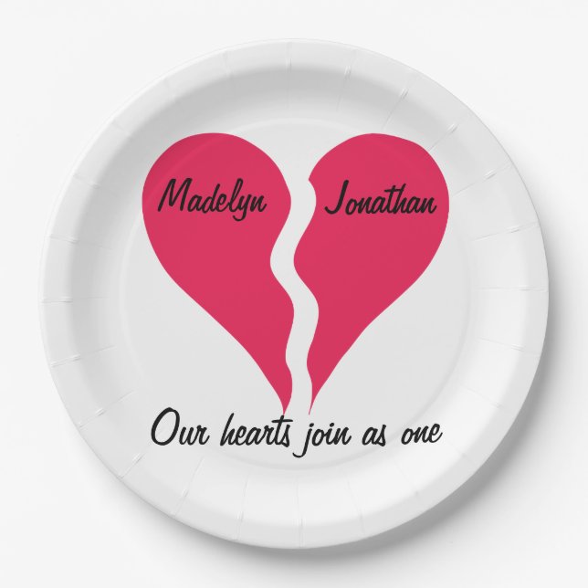 Two Hearts Join as One Name Personalised Valentine Paper Plate (Front)