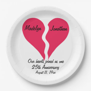 Two Hearts Joined Anniversary Name Personalised Paper Plate