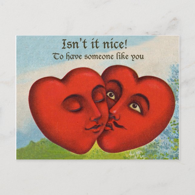 Two hearts kissing, vintage valentine's day postcard (Front)