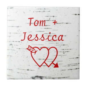 Two hearts on a birch bark tile