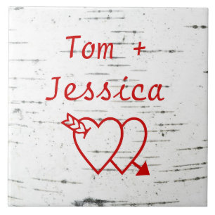 Two hearts on a birch trunk tile
