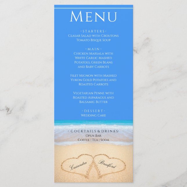 Two hearts on the Beach Wedding Bright Blue Menu (Front)