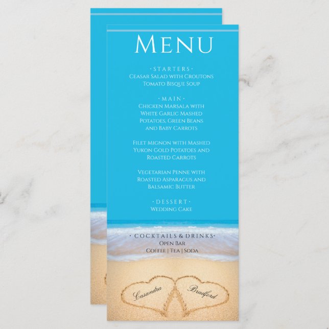 Two hearts on the Beach Wedding menu (Front/Back)