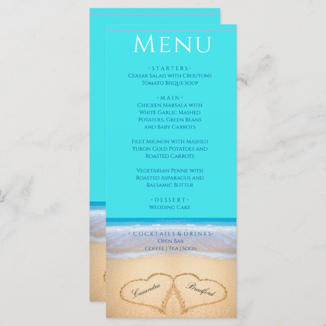 Two hearts on the Beach Wedding Teal Blue Menu (Front/Back)