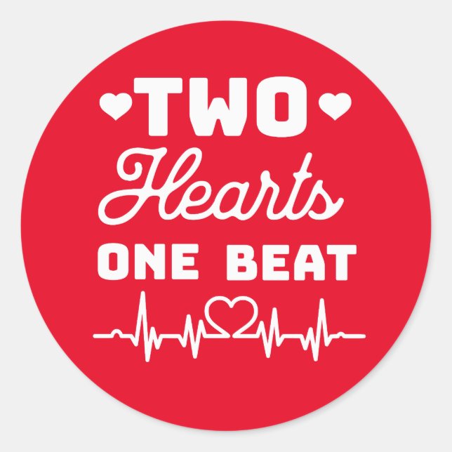 Two hearts. One Beat (white text) Valentine's  Classic Round Sticker (Front)