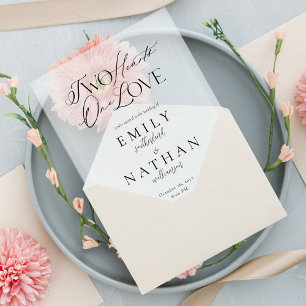 Two Hearts One Heart Minimal Modern Script Wedding Vellum Invitations