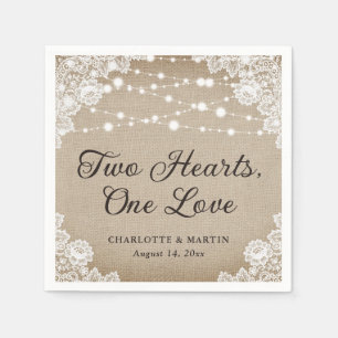 Two Hearts One Love Burlap Rustic Vintage Wedding Napkin