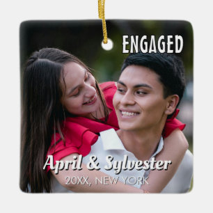 Two Hearts One Love Personalised Engagement Photo  Ceramic Ornament